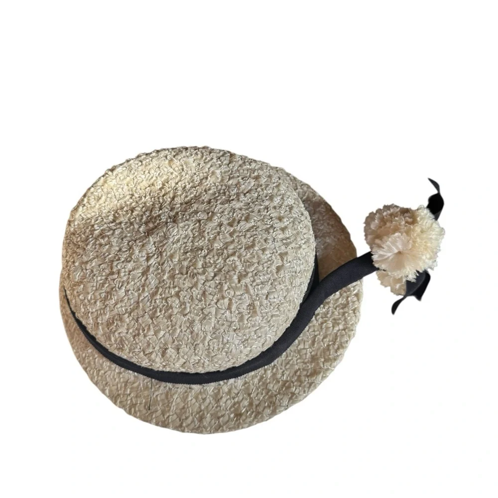 1940s/50s Dolly Madison‎ Raffia Straw Hat w/Pompom Embellishment & Black Ribbon - Picture 5 of 7